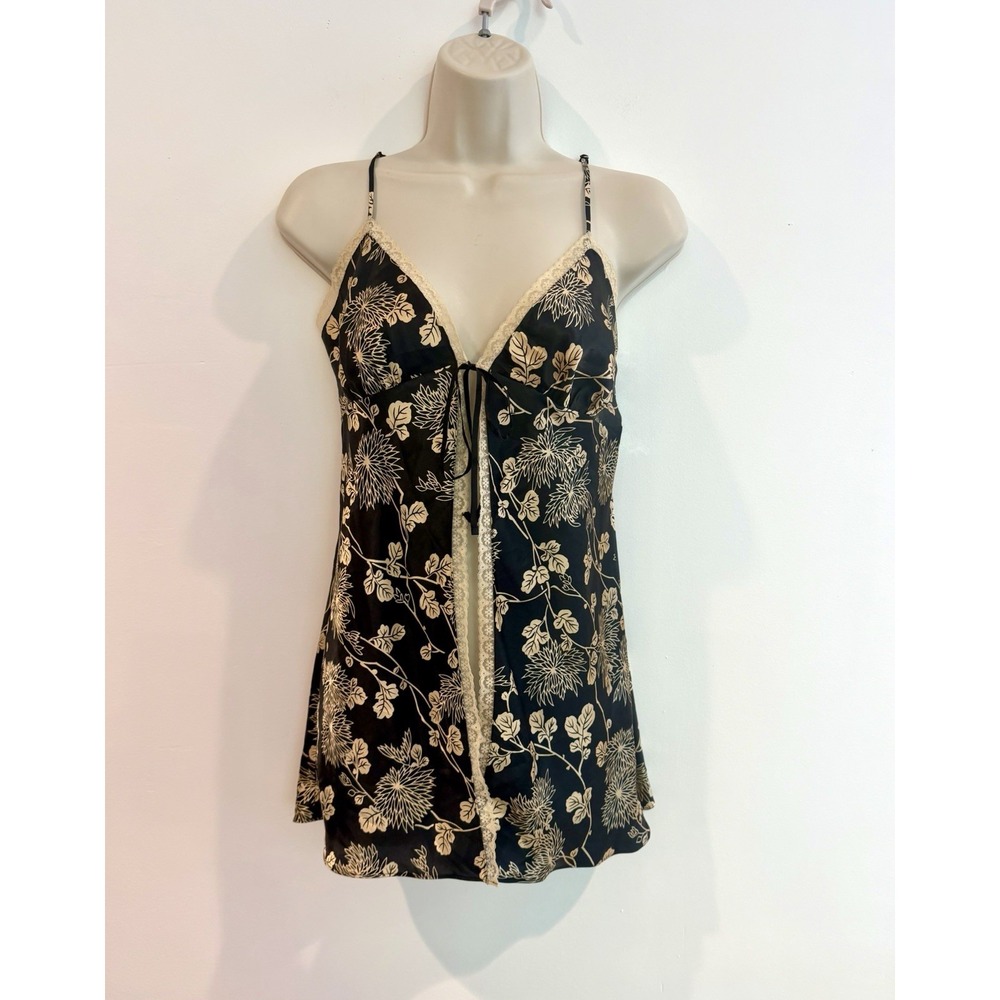 Victorias Secret Mini Slip Dress Open Tie Front Black Floral Satin Lace Sz S Y2K - Picture 2 of 11